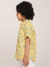 Load image into Gallery viewer, Campana Boys Mandarin Collar Short Sleeve Cotton Shirt - Busy Cars Print - Yellow