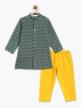 Load image into Gallery viewer, Campana Boys Mrinal Button Down Kurta Pyjama Set - Kantha Block Print - Teal & Yellow