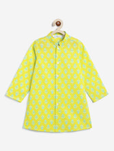 Load image into Gallery viewer, Campana Boys Mrinal Button Down Kurta Pyjama Set - Block Print - Lime & Turquoise