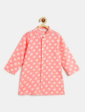 Load image into Gallery viewer, Campana Boys Mrinal Button Down Pure Cotton Kurta Pyjama Set - Kantha Blockprint - Peach & White