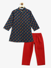 Load image into Gallery viewer, Campana Boys Mrinal Button Down Pure Cotton Kurta Pyjama Set - Block Print - Navy & Maroon