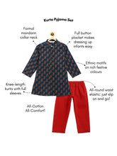 Load image into Gallery viewer, Campana Boys Mrinal Button Down Pure Cotton Kurta Pyjama Set - Block Print - Navy & Maroon