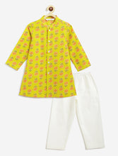 Load image into Gallery viewer, Campana Boys Mrinal Button Down Kurta Pyjama Set - Block Print - Lime Green & Peach