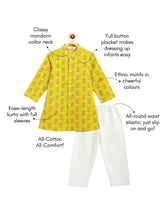 Load image into Gallery viewer, Campana Boys Mrinal Button Down Kurta Pyjama Set - Block Print - Lime Green & Peach