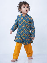 Load image into Gallery viewer, Campana Boys Mrinal Button Down Kurta Pyjama Set - Floral Kantha Print - Teal & Mustard
