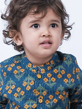 Load image into Gallery viewer, Campana Boys Mrinal Button Down Kurta Pyjama Set - Floral Kantha Print - Teal & Mustard