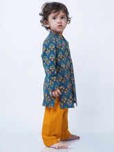Load image into Gallery viewer, Campana Boys Mrinal Button Down Kurta Pyjama Set - Floral Kantha Print - Teal & Mustard