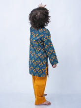 Load image into Gallery viewer, Campana Boys Mrinal Button Down Kurta Pyjama Set - Floral Kantha Print - Teal & Mustard