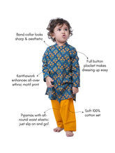Load image into Gallery viewer, Campana Boys Mrinal Button Down Kurta Pyjama Set - Floral Kantha Print - Teal & Mustard