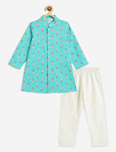 Load image into Gallery viewer, Campana Boys Mrinal Button Down Kurta Pyjama Set - Floral Print - Turquoise & White