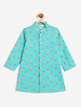 Load image into Gallery viewer, Campana Boys Mrinal Button Down Kurta Pyjama Set - Floral Print - Turquoise & White