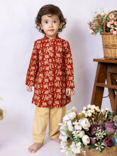 Load image into Gallery viewer, Campana Boys Mrinal Button Down Kurta Pyjama Set - Seamless Floral Print - Maroon & Golden