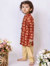 Load image into Gallery viewer, Campana Boys Mrinal Button Down Kurta Pyjama Set - Seamless Floral Print - Maroon & Golden