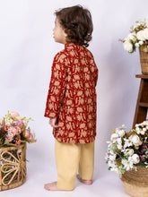 Load image into Gallery viewer, Campana Boys Mrinal Button Down Kurta Pyjama Set - Seamless Floral Print - Maroon & Golden