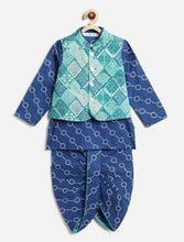 Load image into Gallery viewer, Campana Boys Ishaan Dhoti Kurta with Jacket Set - Burfi Print - Blue & Green