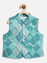 Load image into Gallery viewer, Campana Boys Ishaan Dhoti Kurta with Jacket Set - Burfi Print - Blue & Green
