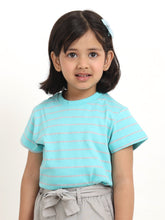 Load image into Gallery viewer, Campana Girls Alexis Half Sleeves Striped Cotton T-Shirt - Turquoise & Grey Melange