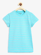 Load image into Gallery viewer, Campana Girls Alexis Half Sleeves Striped Cotton T-Shirt - Turquoise & Grey Melange