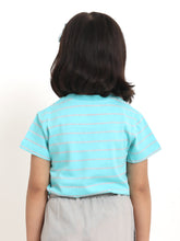 Load image into Gallery viewer, Campana Girls Alexis Half Sleeves Striped Cotton T-Shirt - Turquoise & Grey Melange