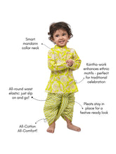 Load image into Gallery viewer, Campana Boys Mehul Dhoti Kurta Set - Kantha & Floral Print - Lime Green