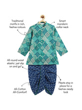 Load image into Gallery viewer, Campana Boys Mehul Dhoti Kurta Set - Burfi Pattern - Green & Blue