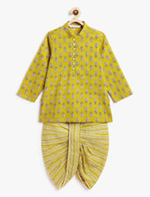 Load image into Gallery viewer, Campana Boys Mehul Cotton Dhoti Kurta Set - Block Print & Stripes - Henna Green