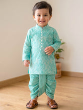 Load image into Gallery viewer, Campana Boys Mehul Pure Cotton Abstract Florals Dhoti Kurta Set - Teal Blue