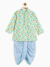 Load image into Gallery viewer, Campana Boys Mehul Pure Cotton Geometric Print Dhoti Kurta Set - White, Green & Blue