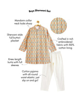 Load image into Gallery viewer, Campana Boys Embroidered and Geometric Printed Sherwani Set - Off White, Orange & Blue