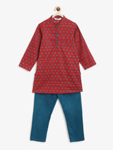 Load image into Gallery viewer, Campana Boys Mehul Kurta Pyjama Set - Festive Blockprint - Red & Green
