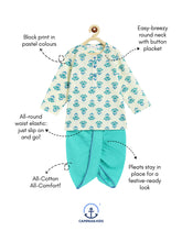 Load image into Gallery viewer, Campana Boys Bansi Dhoti Kurta Set - Flower Block Print - White & Sea Green