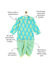 Load image into Gallery viewer, Campana Boys Bansi Dhoti Kurta Set - Buta & Zigzag Print - Blue & Lime Green