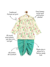 Load image into Gallery viewer, Campana Boys Bansi Dhoti Kurta Set - Pichwai Print - Off-White & Green