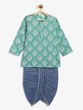 Load image into Gallery viewer, Campana Boys Bansi Dhoti Kurta Set - Ikat Print - Teal & Navy Blue