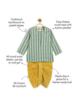 Load image into Gallery viewer, Campana Boys Bansi Dhoti Kurta Set - Kantha Stripes - Aqua Blue & Mustard