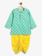 Load image into Gallery viewer, Campana Boys Bansi Dhoti Kurta Set - Floral Blockprint - Turquoise Blue & Yellow