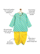 Load image into Gallery viewer, Campana Boys Bansi Dhoti Kurta Set - Floral Blockprint - Turquoise Blue & Yellow
