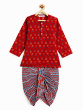 Load image into Gallery viewer, Campana Boys Bansi Pure Cotton Floral & Striped Dhoti Kurta Set - Red & Blue