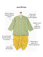 Load image into Gallery viewer, Campana Boys Bansi Pure Cotton Striped & Floral Dhoti Kurta Set - Green & Mustard