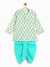 Load image into Gallery viewer, Campana Boys Bansi Pure Cotton Kantha Block Print Dhoti Kurta Set - White & Turquoise