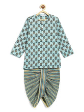 Load image into Gallery viewer, Campana Boys Bansi Floral Blockprint & Striped Dhoti Kurta Set - Blue & Lemon Yellow