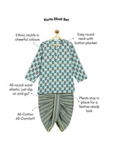Load image into Gallery viewer, Campana Boys Bansi Floral Blockprint & Striped Dhoti Kurta Set - Blue & Lemon Yellow
