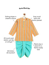 Load image into Gallery viewer, Campana Boys Bansi Pure Cotton Striped Dhoti Kurta Set - Mustard & Turquoise Blue