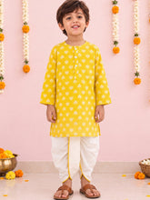 Load image into Gallery viewer, Campana Boys Bansi Pure Cotton Floral & Kanthawork Dhoti Kurta Set - Yellow & White