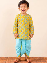 Load image into Gallery viewer, Campana Boys Pure Cotton Paisley Blockprint Dhoti Kurta Set - Light Yellow & Light Blue
