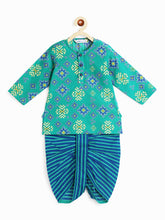 Load image into Gallery viewer, Campana Boys Bansi Dhoti Kurta Set - Geometric Ikkat Print - Sea Green & Blue