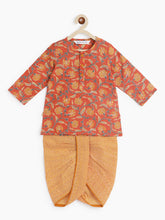 Load image into Gallery viewer, Campana Boys Bansi Dhoti Kurta Set - Floral Jaal Print - Brick Orange & Mustard