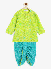 Load image into Gallery viewer, Campana Boys Bansi Dhoti Kurta Set - Bandhini Print - Lime Green & Blue