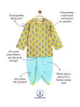 Load image into Gallery viewer, Campana Boys Bansi Dhoti Kurta Set - Paisley Block Print - Yellow & Turquoise