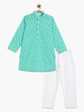 Load image into Gallery viewer, Campana Boys Palash Kurta Pyjama Set - Small Motif Print - Turquoise & White
